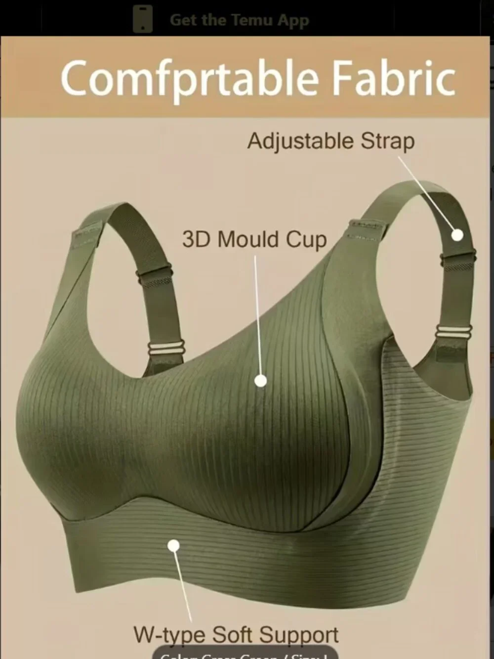 Olive Green Padded Bra Large Adjustable Straps Full Coverage Support NWOT